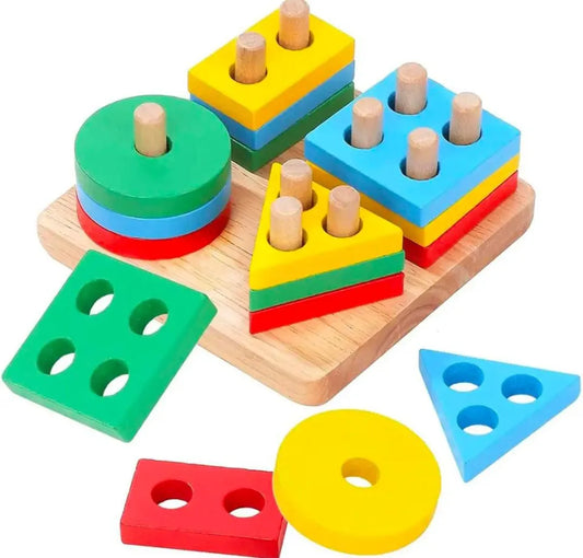 Wooden Geometric Shape Matching Toy | 4-Column Block Sorter | Early Educational Colorful Puzzle for Kids