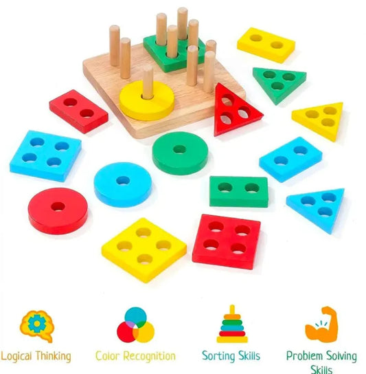 Wooden Geometric Shape Matching Toy | 4-Column Block Sorter | Early Educational Colorful Puzzle for Kids